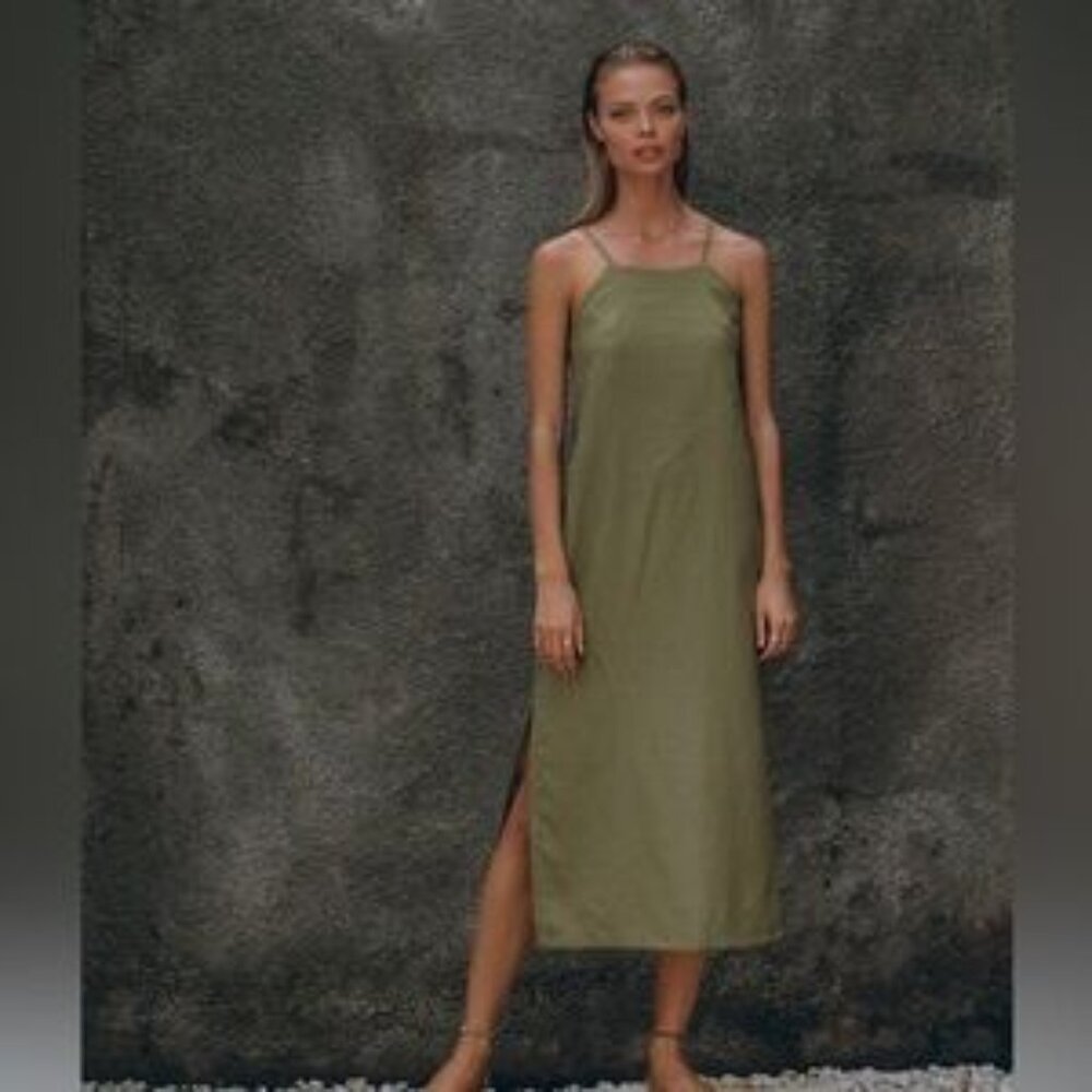 Aura The Label Linen Midi Dress – Green Olive Linen, Rare Discontinued (xs)